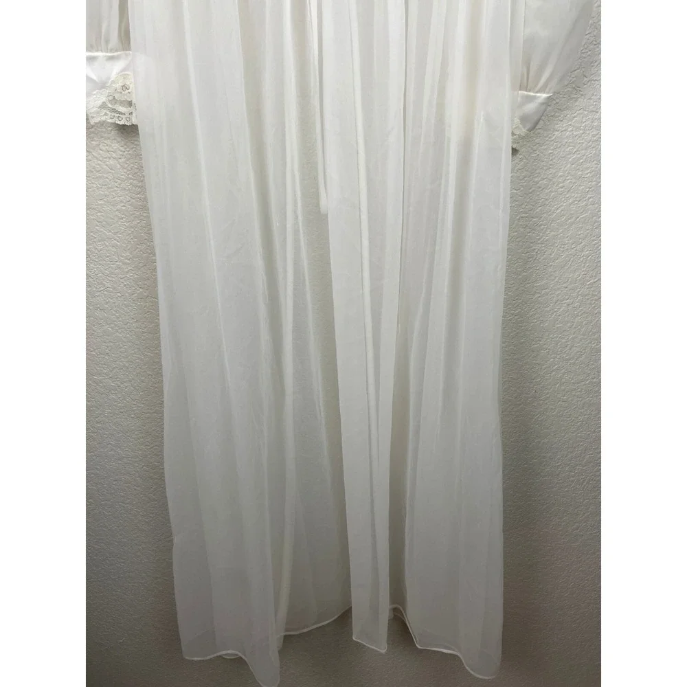 Vtg Miss Elaine CHIFFON PEIGNOIR Robe HOUSECOAT Large White Sheer Union Made USA
